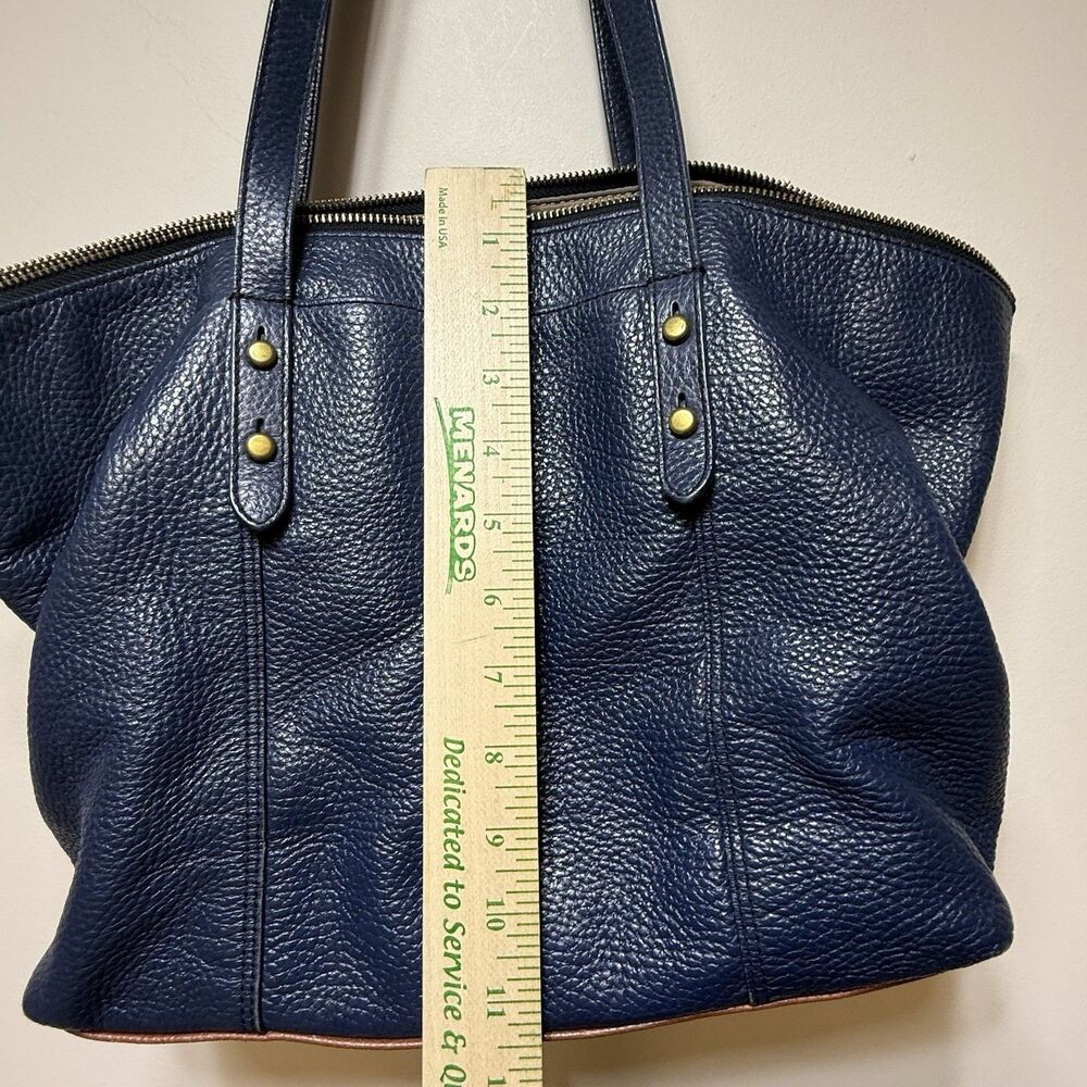 VTG Fossil Jenna Denim Navy Blue Pebbled Leather Brown Trim Tote Shoulder Bag - Picture 7 of 9